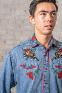 Men's Vintage Denim Bronc Embroidered Western Shirt