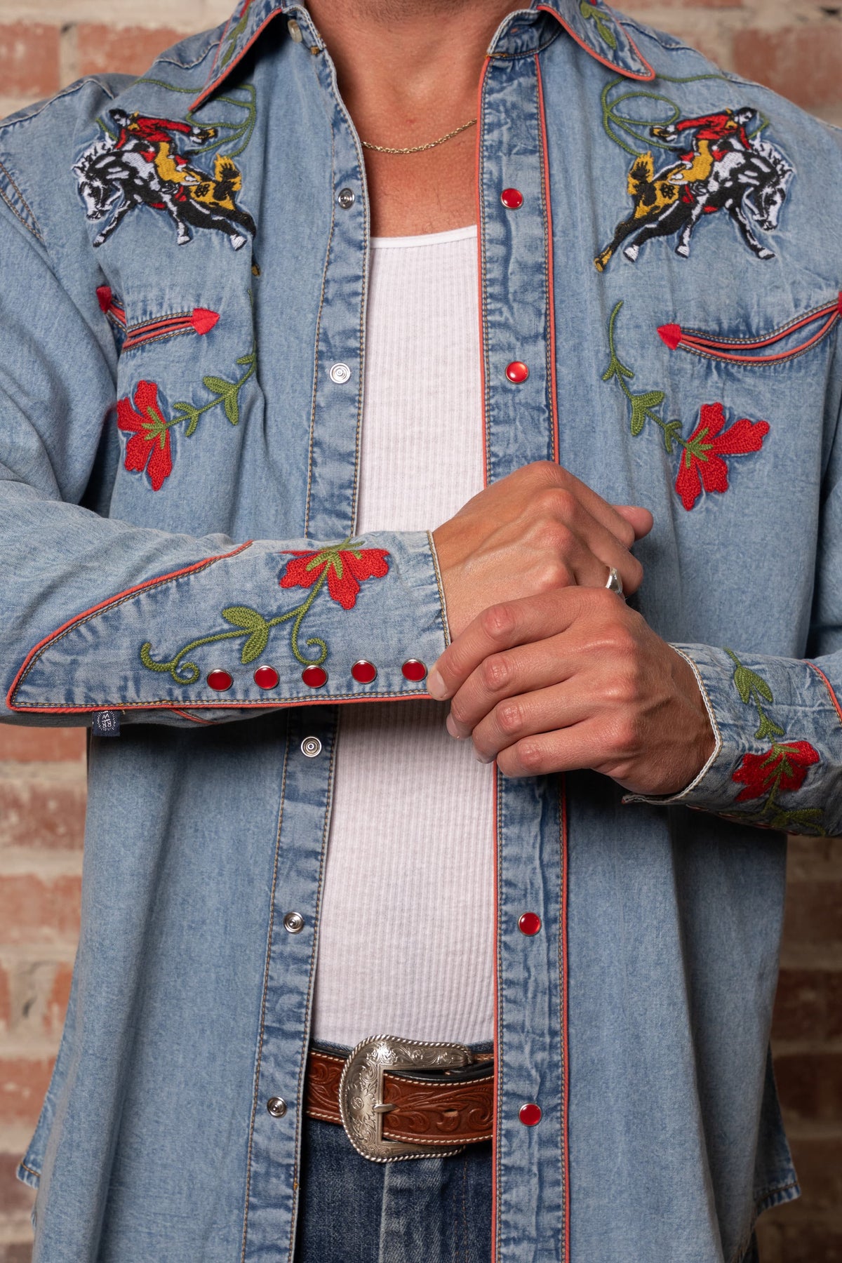 Men's Vintage Denim Bronc Embroidered Western Shirt