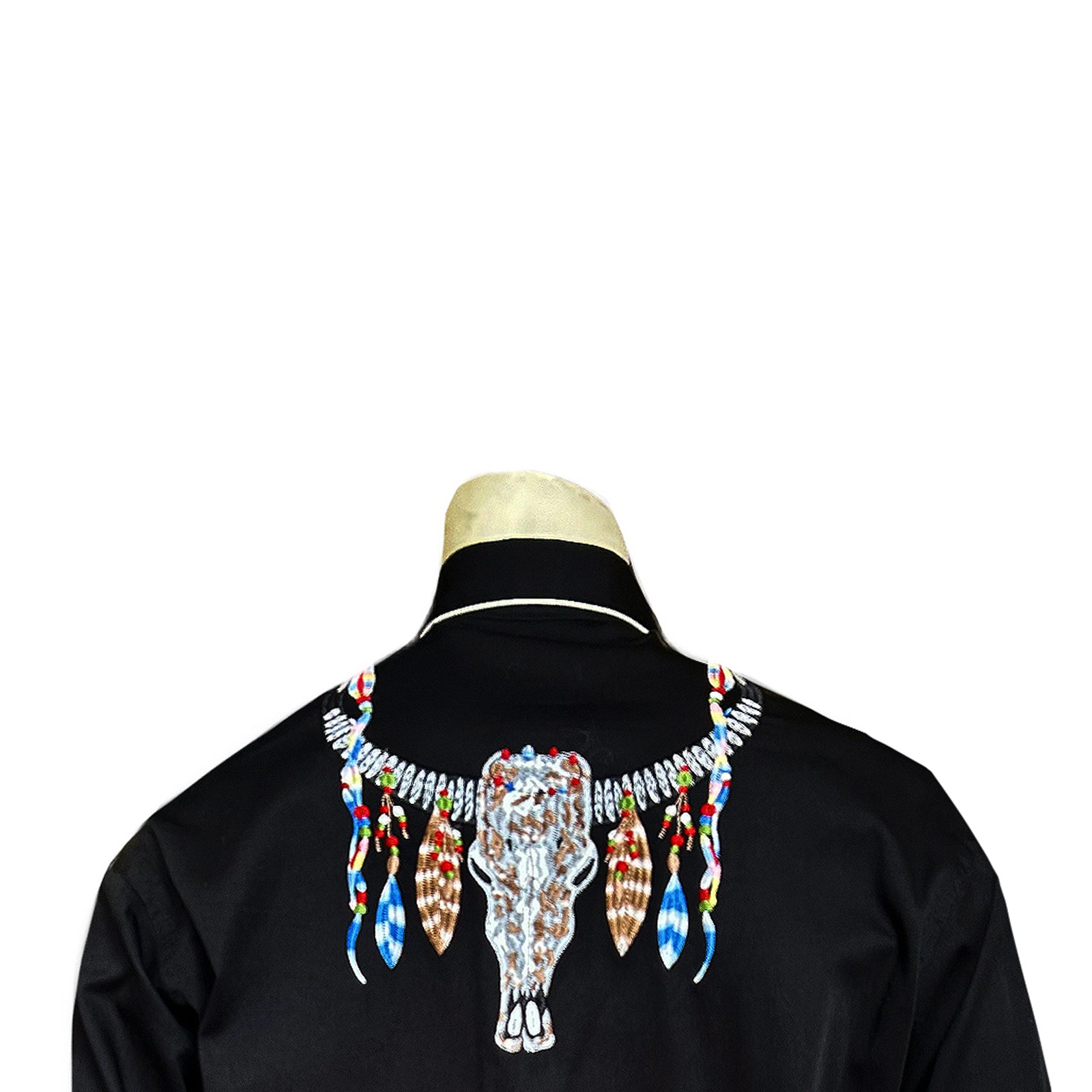 Men's Black Steer Skulls with Feathers Embroidered Western Shirt