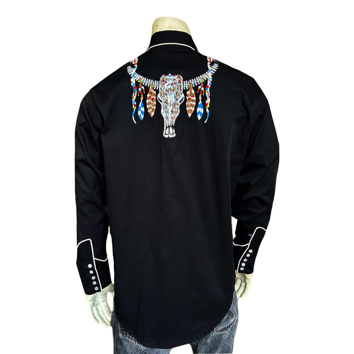 Men's Black Steer Skulls with Feathers Embroidered Western Shirt