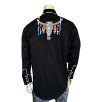 Men's Black Steer Skulls with Feathers Embroidered Western Shirt