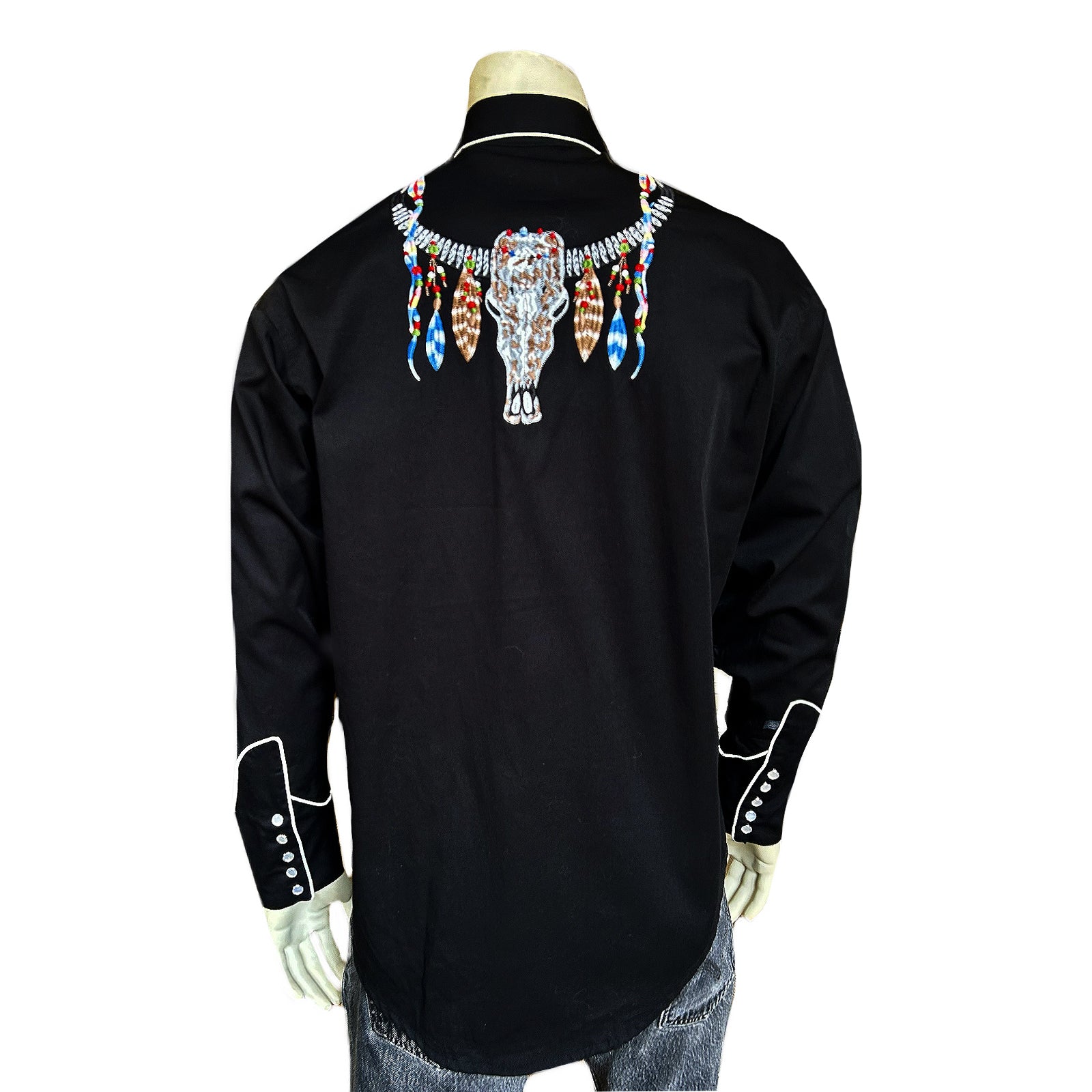 Men's Black Steer Skulls with Feathers Embroidered Western Shirt