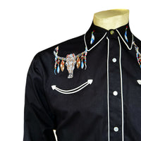 Men's Black Steer Skulls with Feathers Embroidered Western Shirt