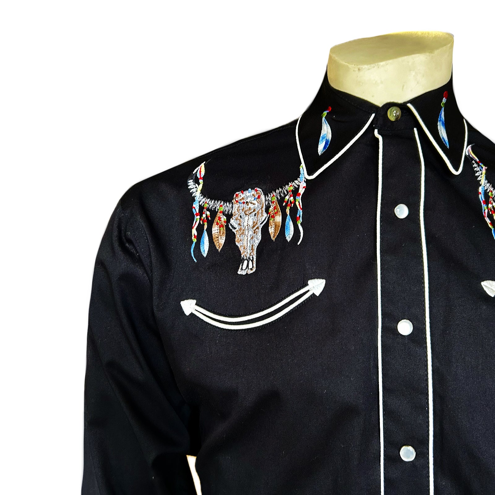 Men's Black Steer Skulls with Feathers Embroidered Western Shirt