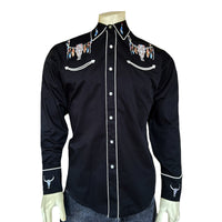 Men's Black Steer Skulls with Feathers Embroidered Western Shirt
