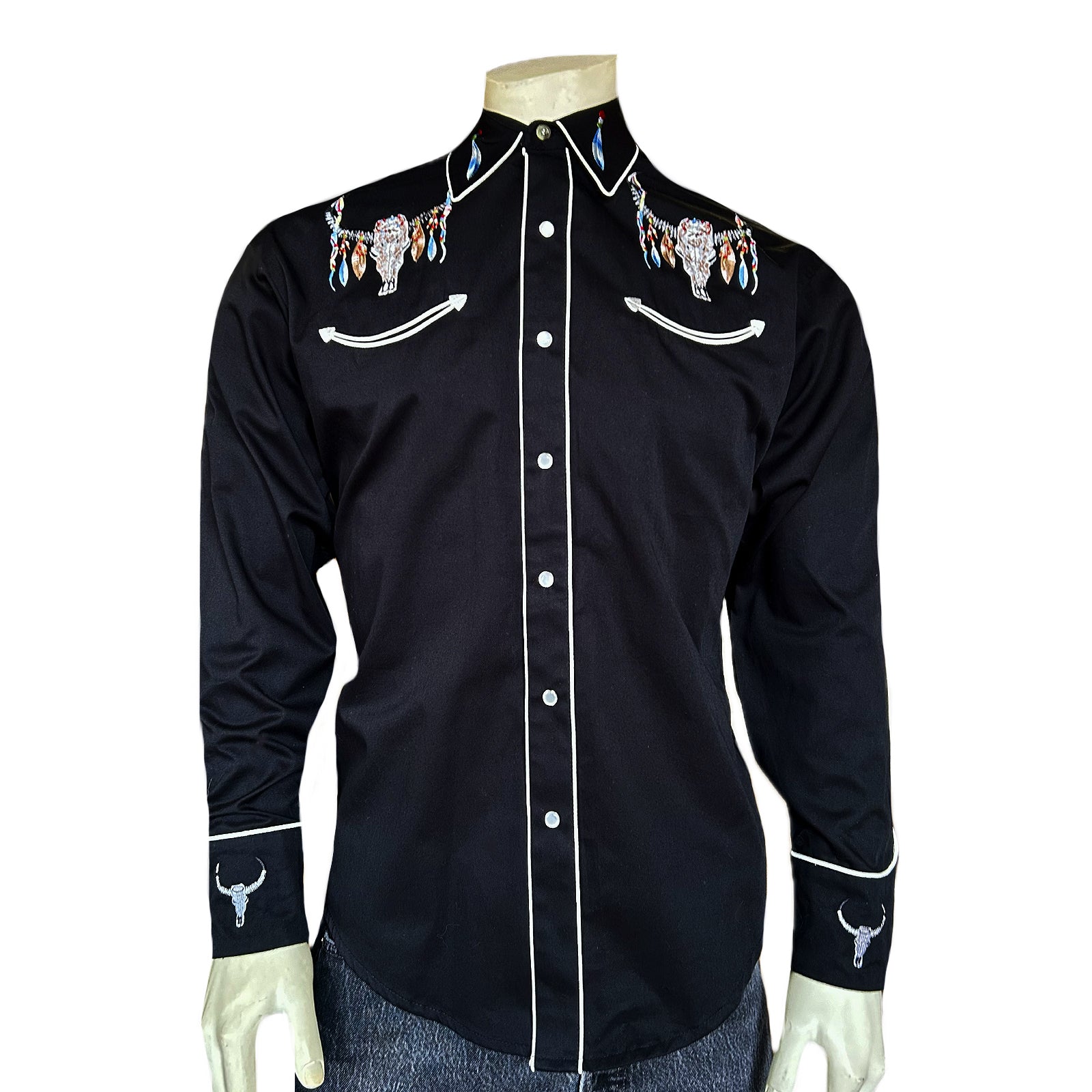 Men's Black Steer Skulls with Feathers Embroidered Western Shirt