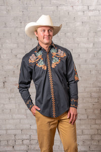Men's Black Cactus & Cowboy Boots Embroidered Western Shirt