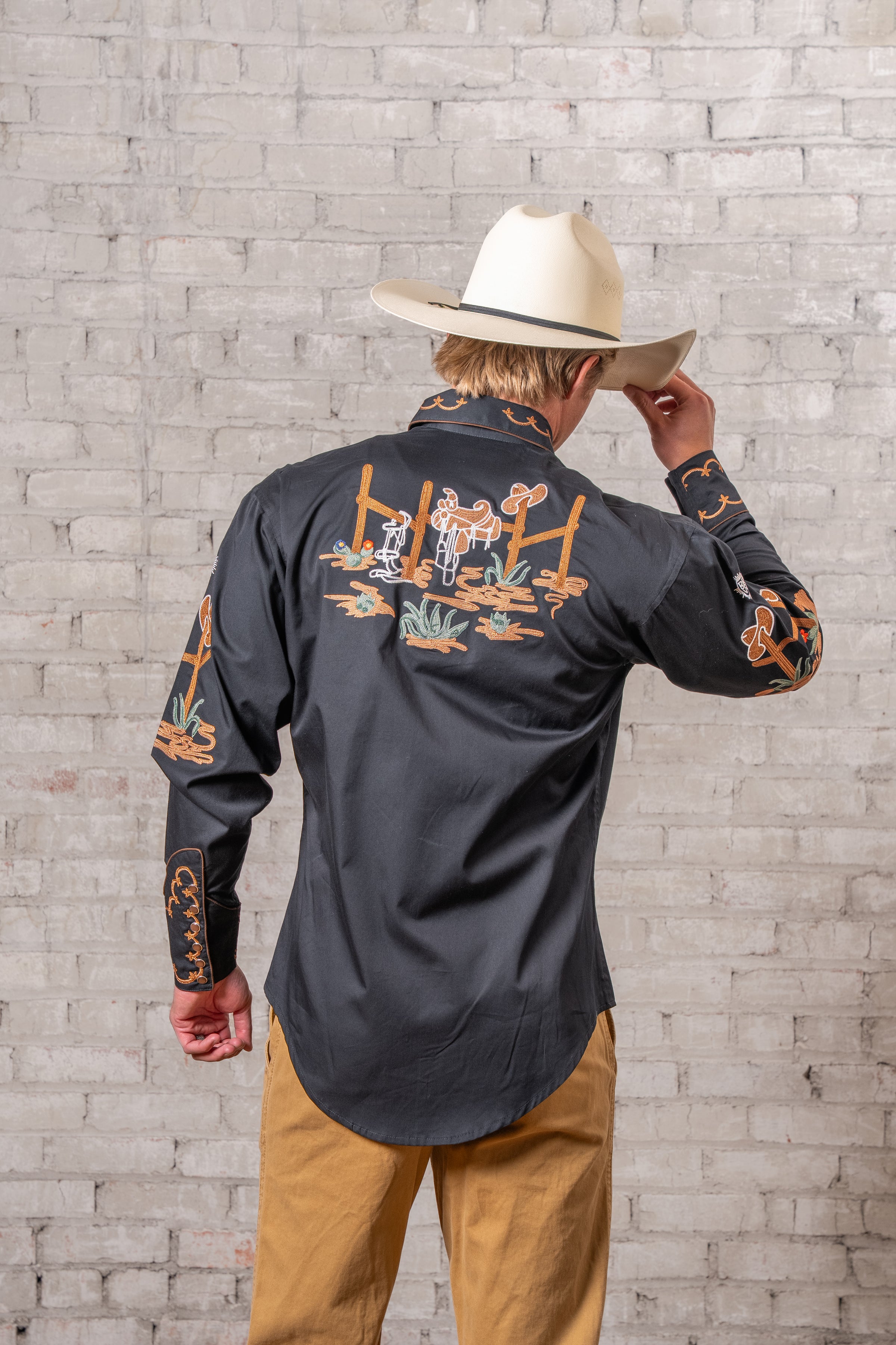 Men's Black Cactus & Cowboy Boots Embroidered Western Shirt
