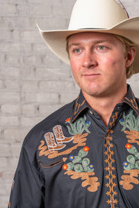 Men's Black Cactus & Cowboy Boots Embroidered Western Shirt