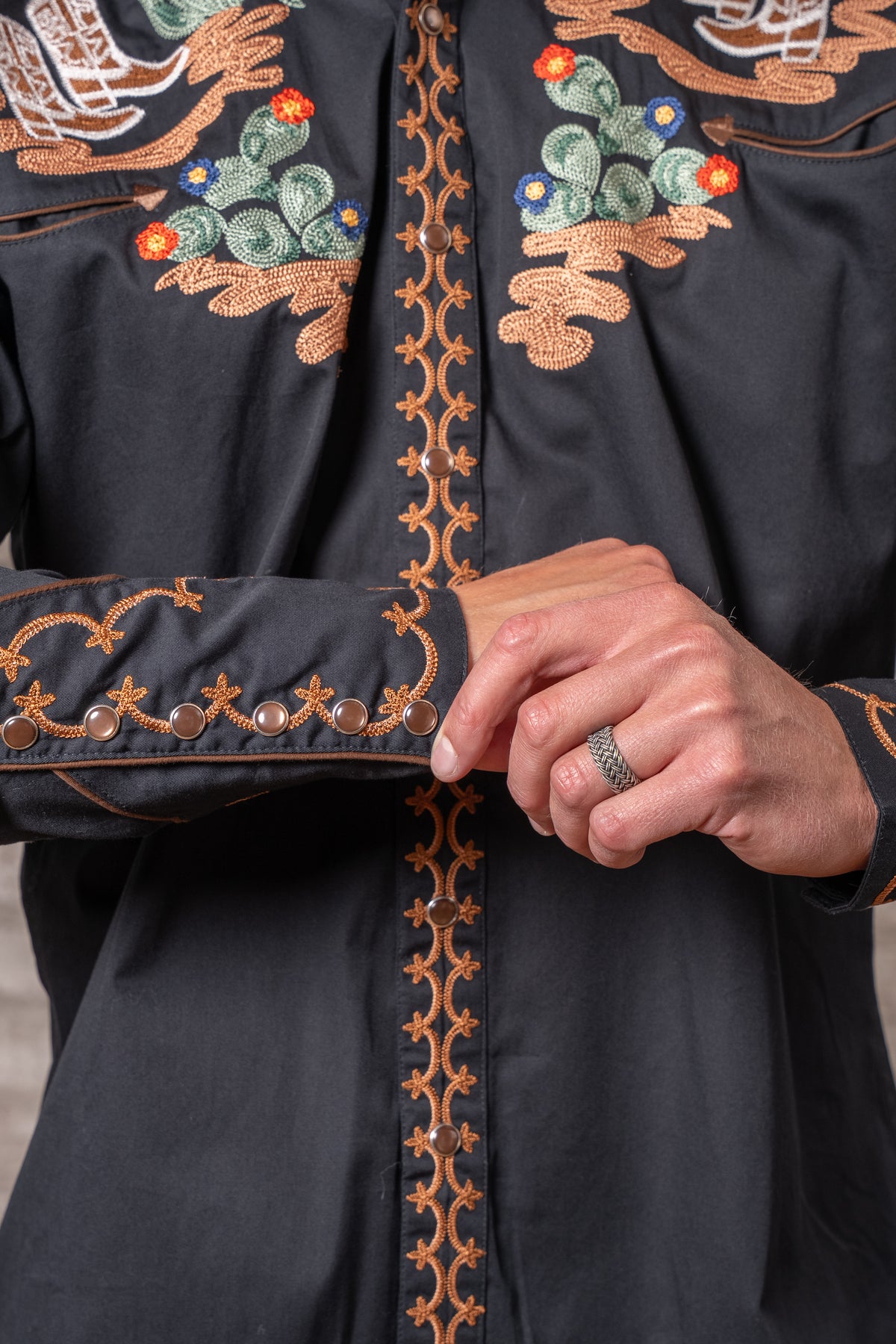 Men's Black Cactus & Cowboy Boots Embroidered Western Shirt