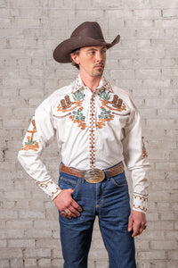 Men's Cactus & Cowboy Boots Embroidered Western Shirt in Ivory