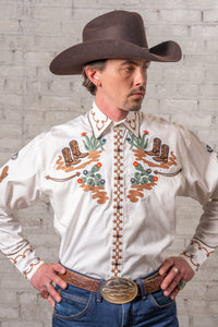Men's Cactus & Cowboy Boots Embroidered Western Shirt in Ivory