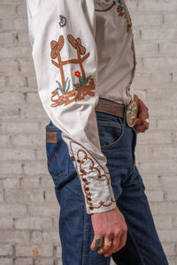 Men's Cactus & Cowboy Boots Embroidered Western Shirt in Ivory