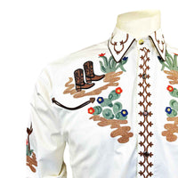 Men's Cactus & Cowboy Boots Embroidered Western Shirt in Ivory - Rockmount