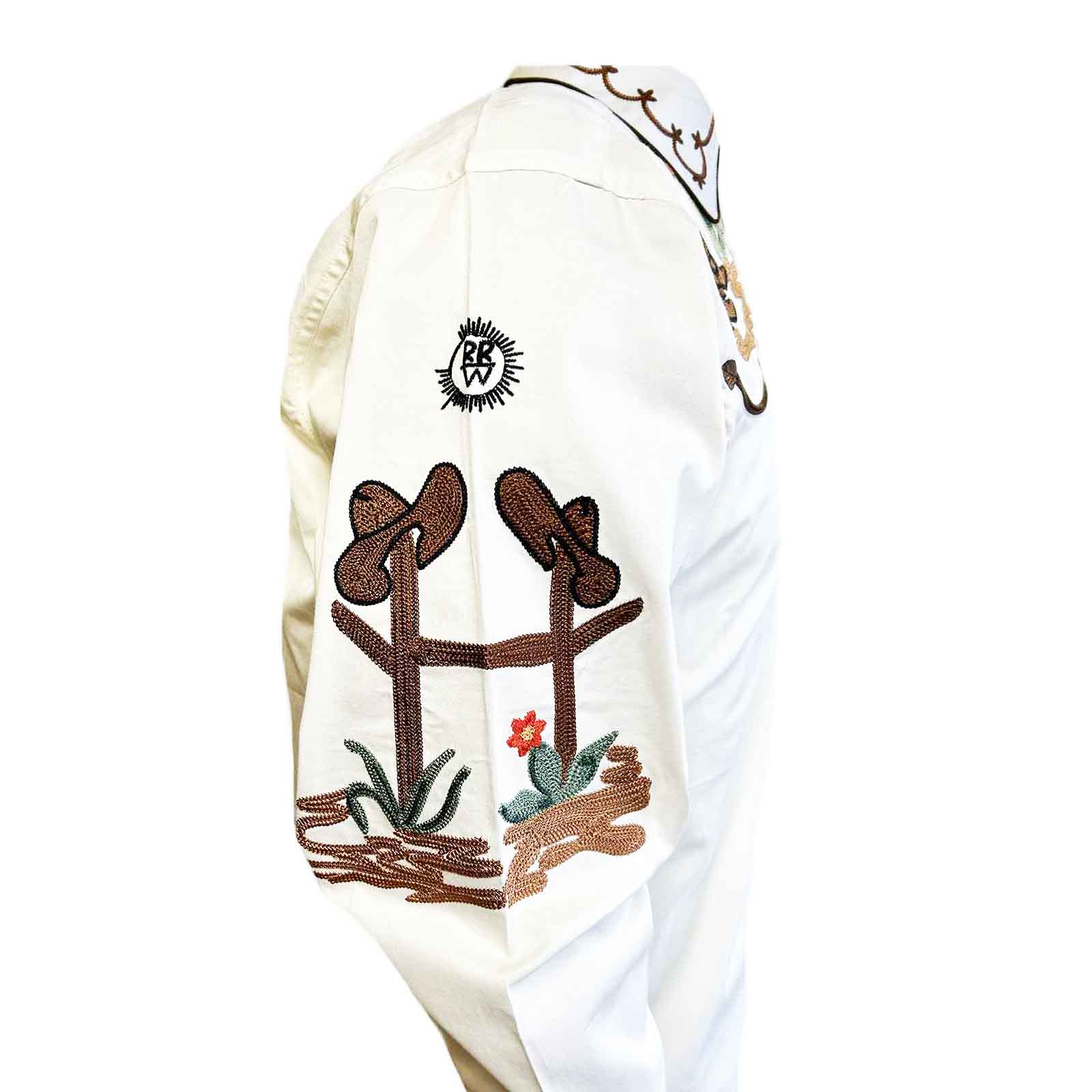 Men's Cactus & Cowboy Boots Embroidered Western Shirt in Ivory - Rockmount
