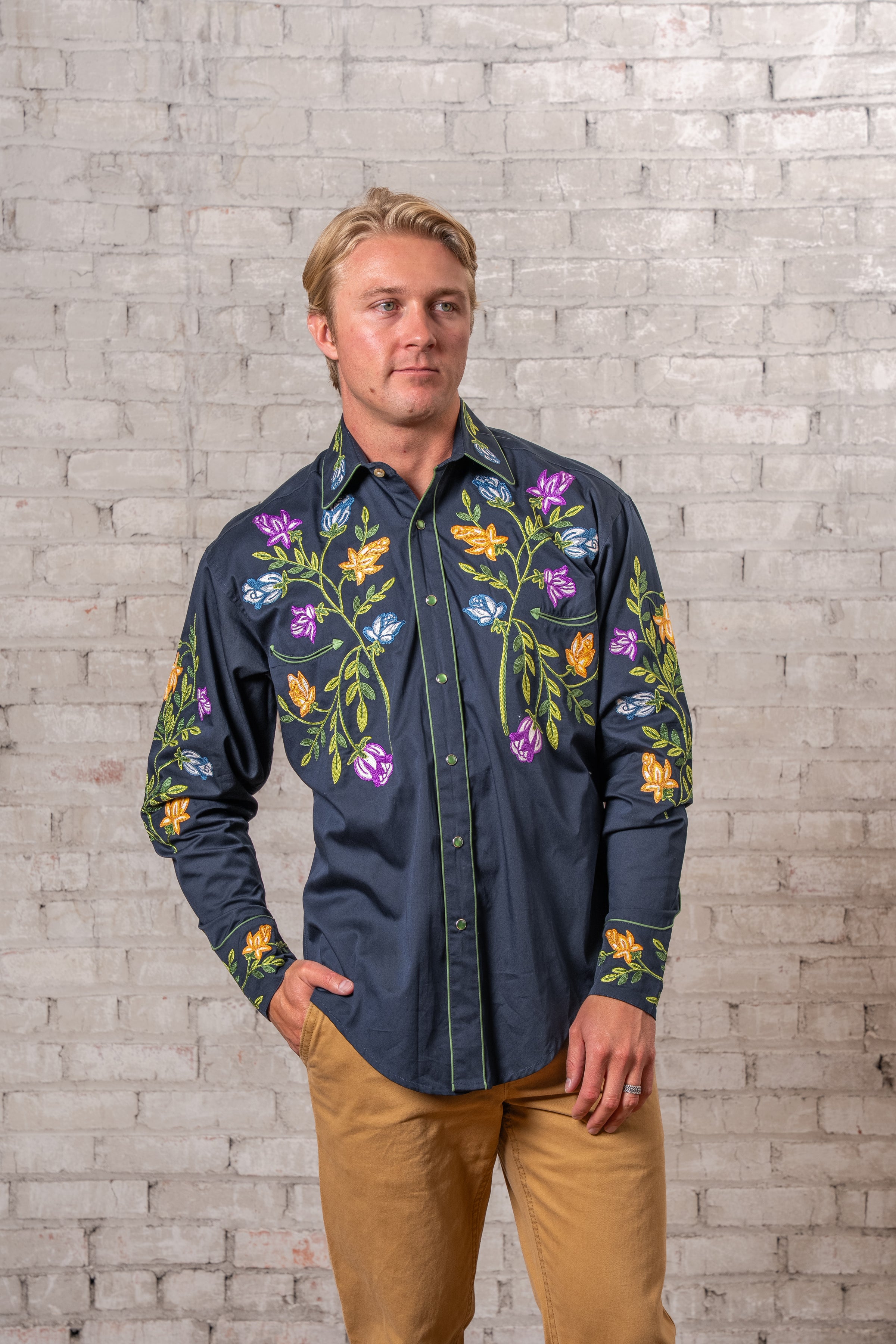 Men's Vintage Navy Floral Crochet Embroidered Western Shirt