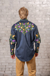 Men's Vintage Navy Floral Crochet Embroidered Western Shirt