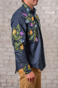 Men's Vintage Navy Floral Crochet Embroidered Western Shirt