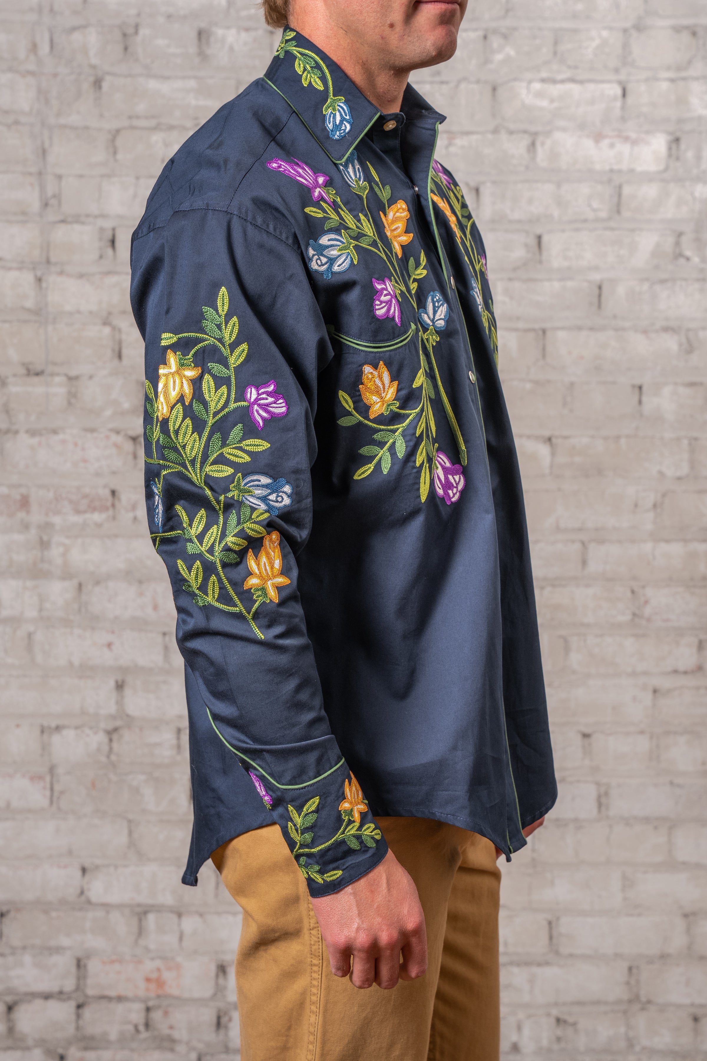 Men's Vintage Navy Floral Crochet Embroidered Western Shirt