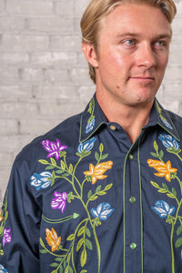 Men's Vintage Navy Floral Crochet Embroidered Western Shirt