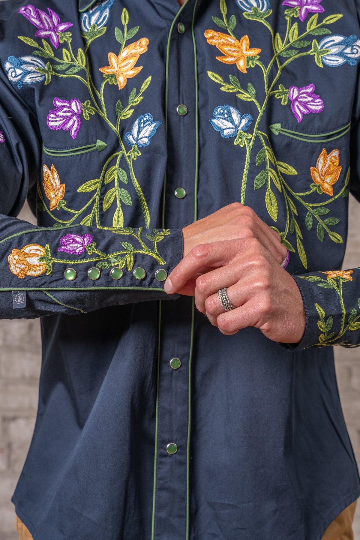 Men's Vintage Navy Floral Crochet Embroidered Western Shirt