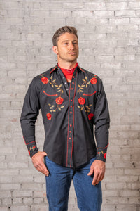 Men's Vintage Black Rose Embroidered Western Shirt