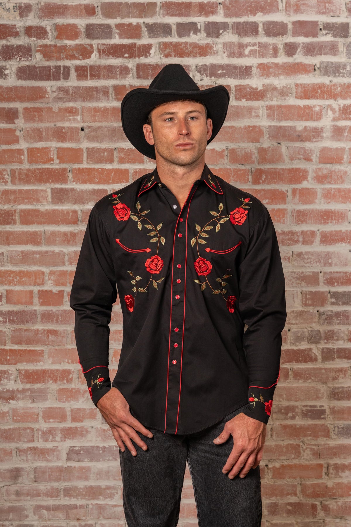 Men's Vintage Black Rose Embroidered Western Shirt by Rockmount Ranch Wear, vintage western shirt with floral embroidery