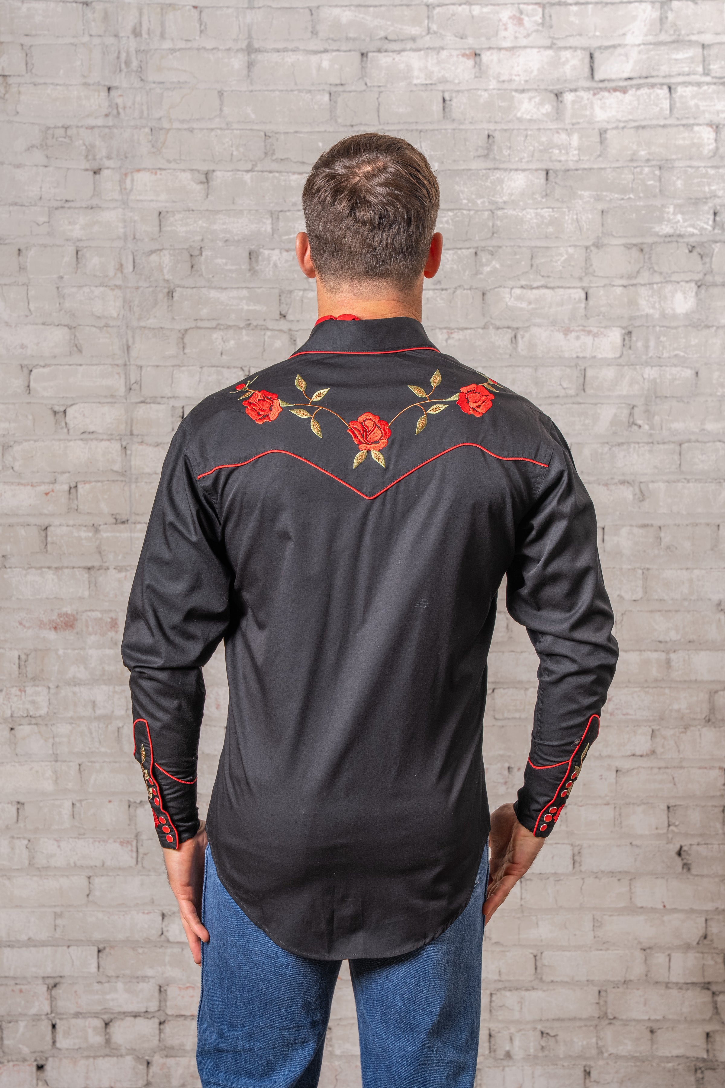 Men's Vintage Black Rose Embroidered Western Shirt