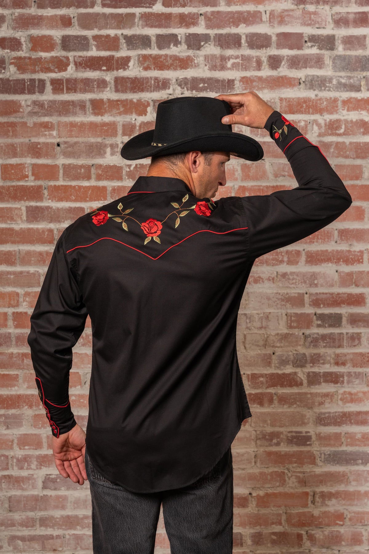 Men's Vintage Black Rose Embroidered Western Shirt by Rockmount Ranch Wear with floral embroidered roses