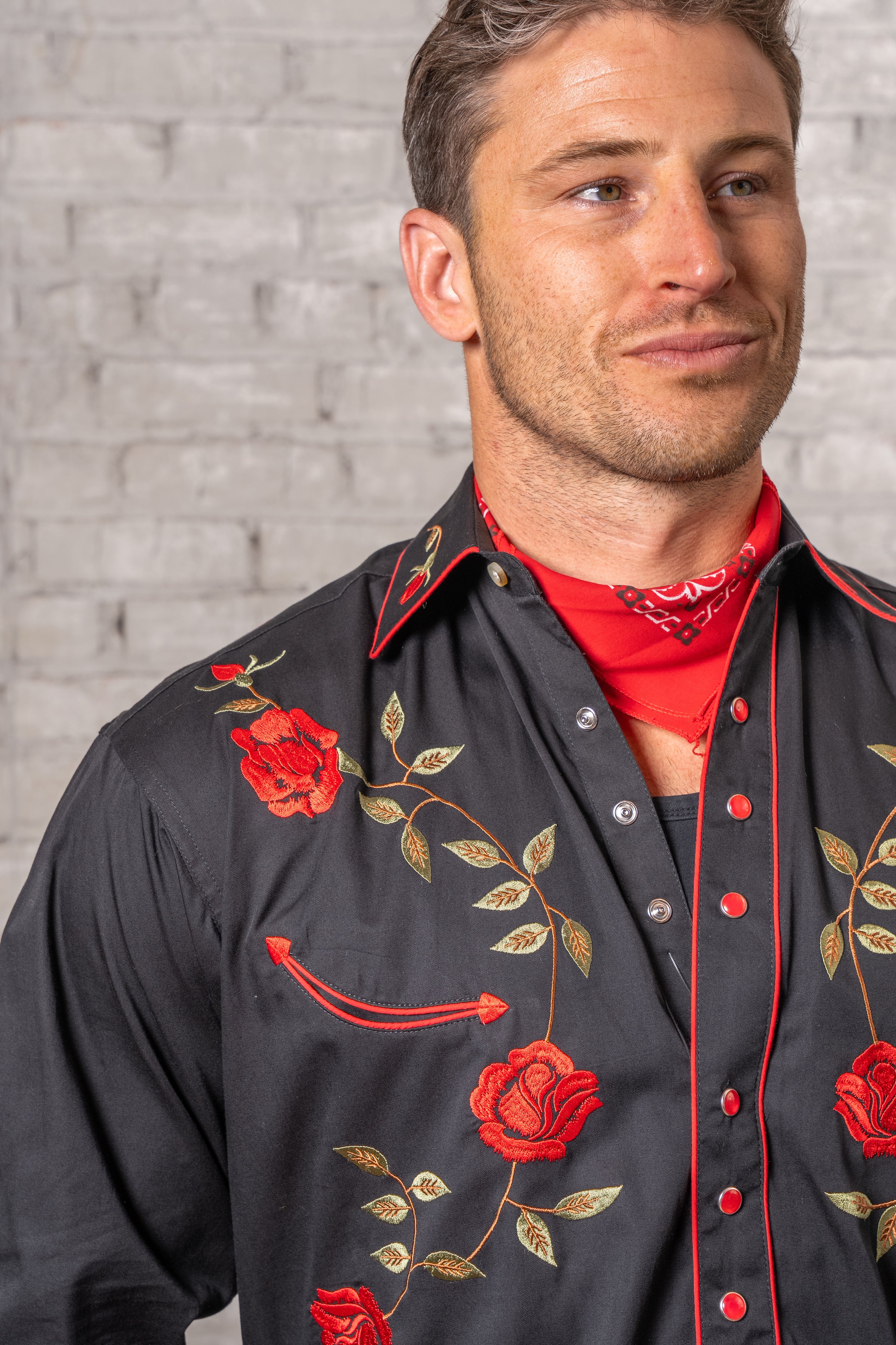 Men's Vintage Black Rose Embroidered Western Shirt