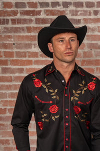 Men's Vintage Black Rose Embroidered Western Shirt by Rockmount Ranch Wear, vintage embroidered floral snap shirt