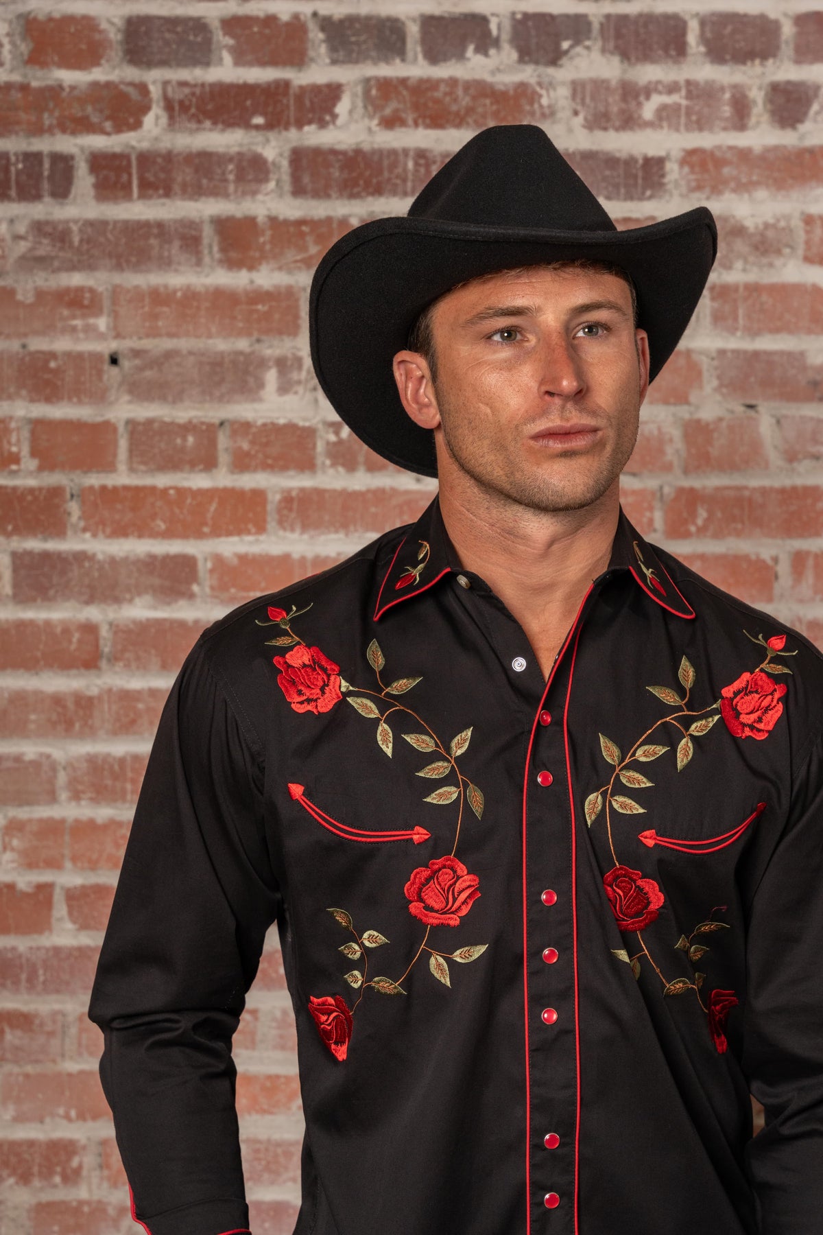 Men's Vintage Black Rose Embroidered Western Shirt by Rockmount Ranch Wear, vintage embroidered floral snap shirt