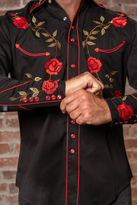 Men's Vintage Black Rose Embroidered Western Shirt by Rockmount Ranch Wear, vintage western shirt with floral embroidery