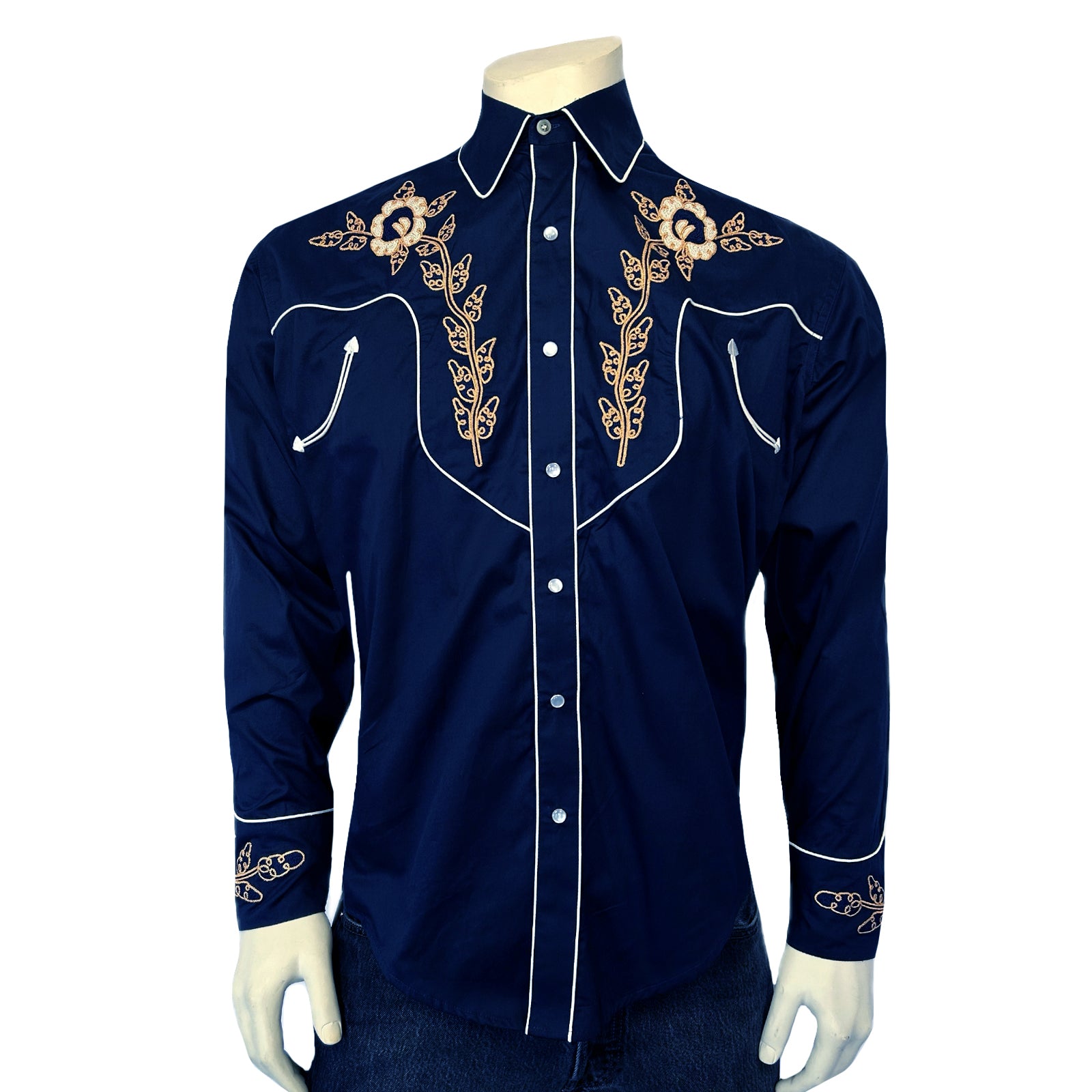 Men's Vintage Navy Floral Embroidered Western Shirt