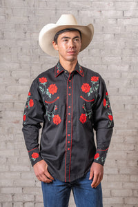 Men's Vintage Black Crochet Rose Floral Embroidered Western Shirt