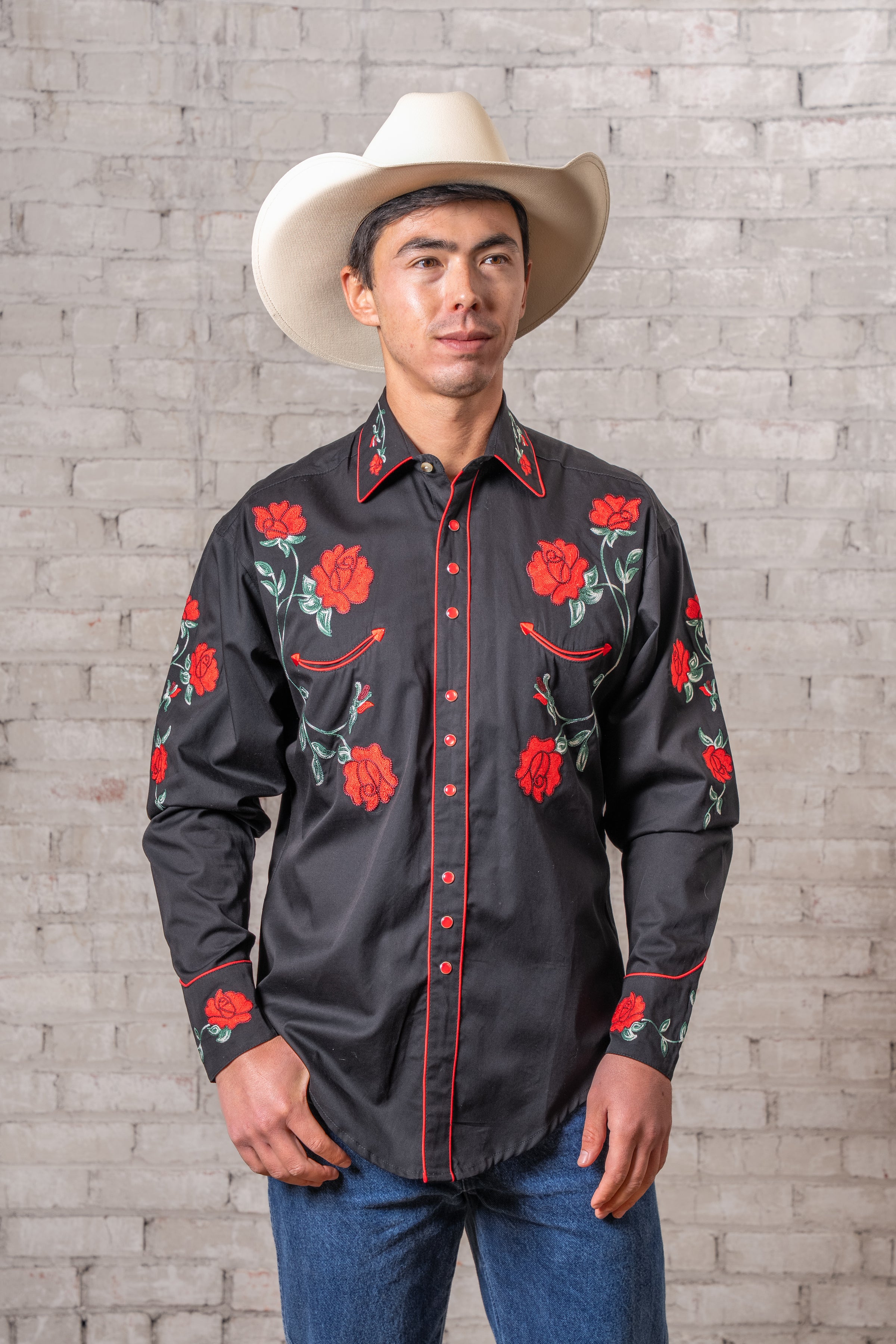 Men's Vintage Black Crochet Rose Floral Embroidered Western Shirt