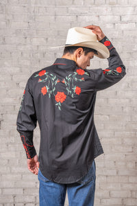 Men's Vintage Black Crochet Rose Floral Embroidered Western Shirt