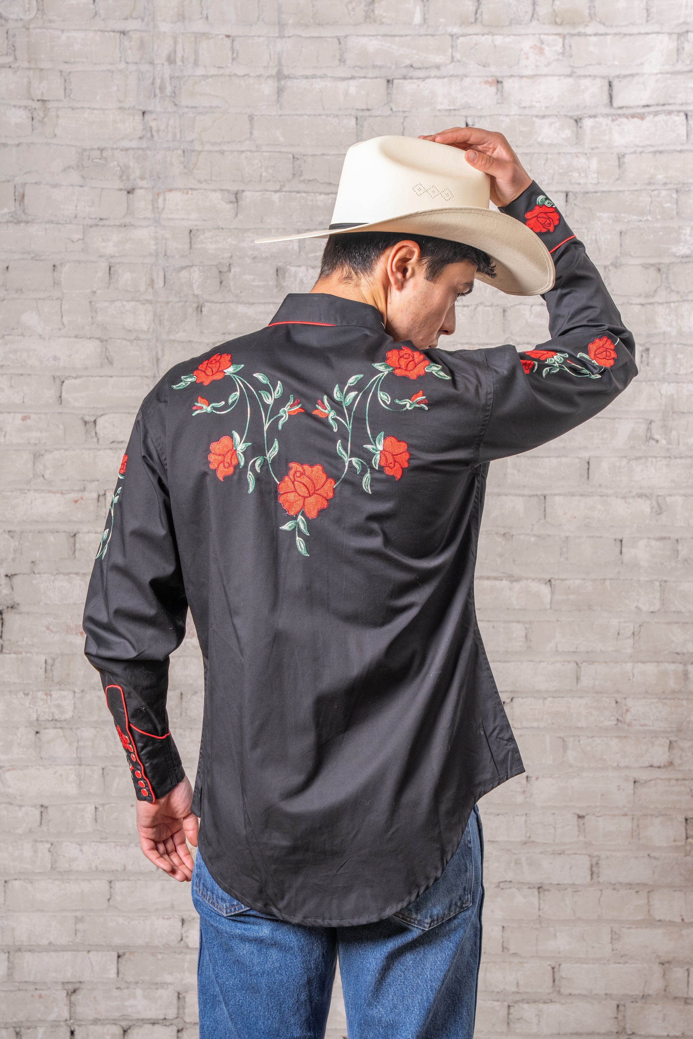 Men's Vintage Black Crochet Rose Floral Embroidered Western Shirt