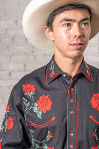 Men's Vintage Black Crochet Rose Floral Embroidered Western Shirt
