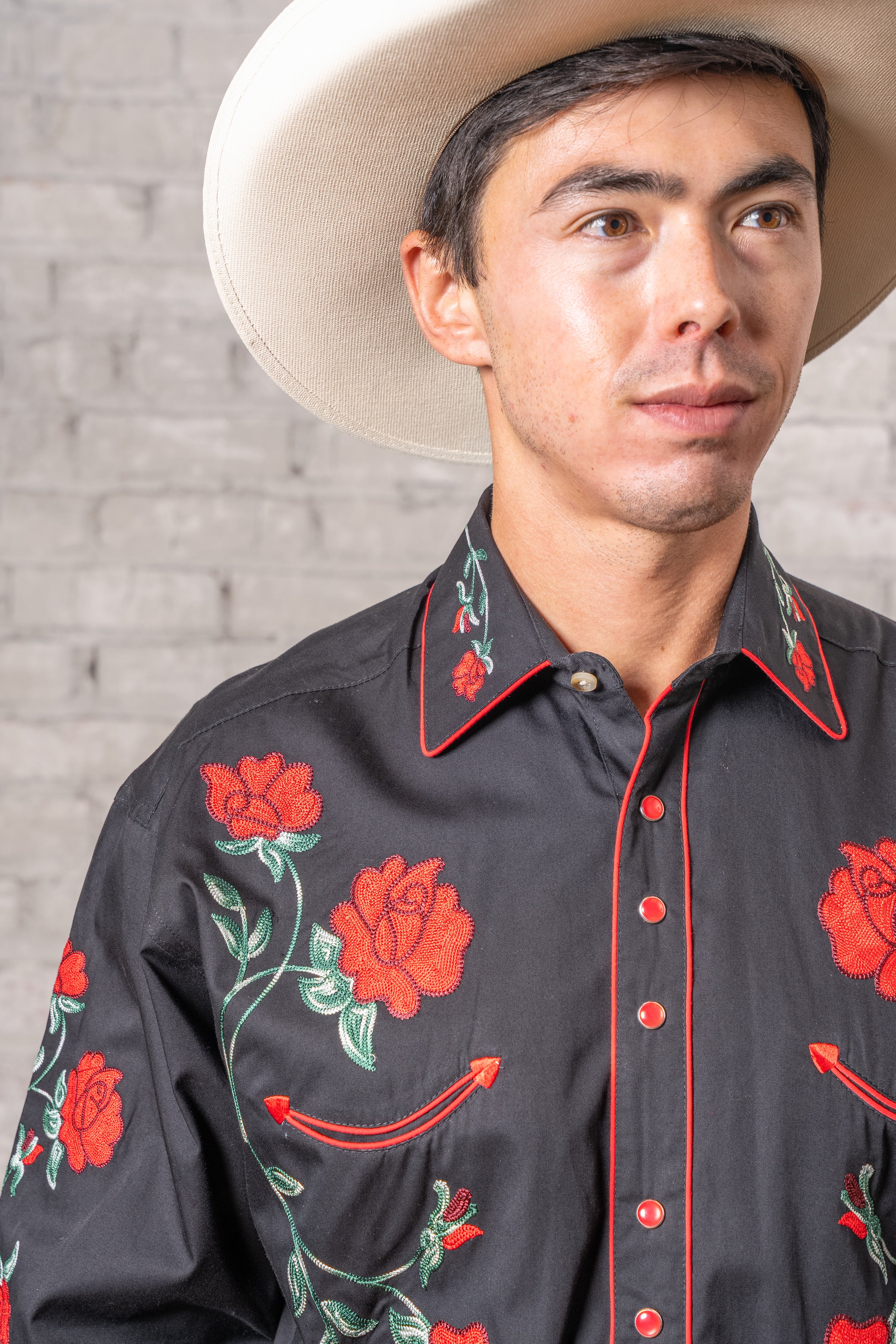 Men's Vintage Black Crochet Rose Floral Embroidered Western Shirt
