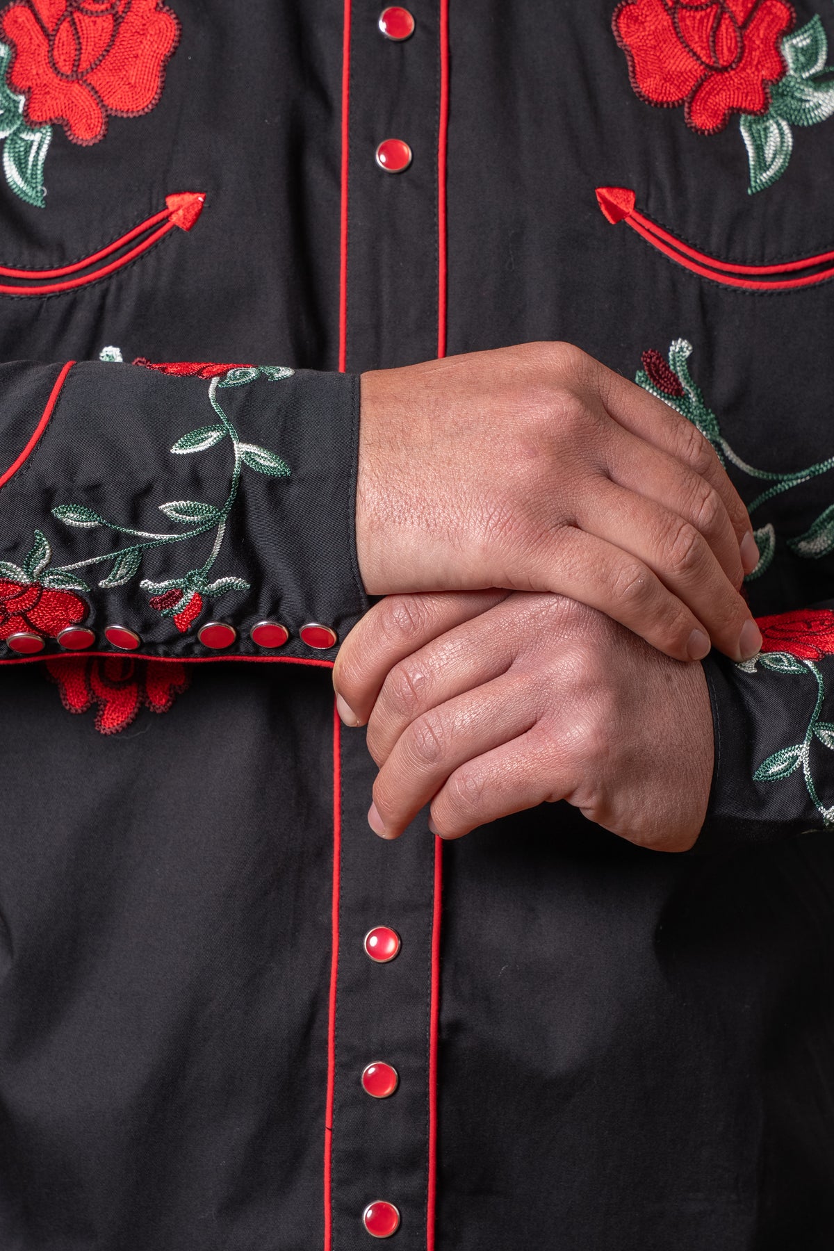 Men's Vintage Black Crochet Rose Floral Embroidered Western Shirt
