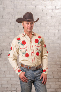 Men’s Vintage Khaki Crochet Rose Embroidered Western Shirt