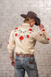 Men’s Vintage Khaki Crochet Rose Embroidered Western Shirt