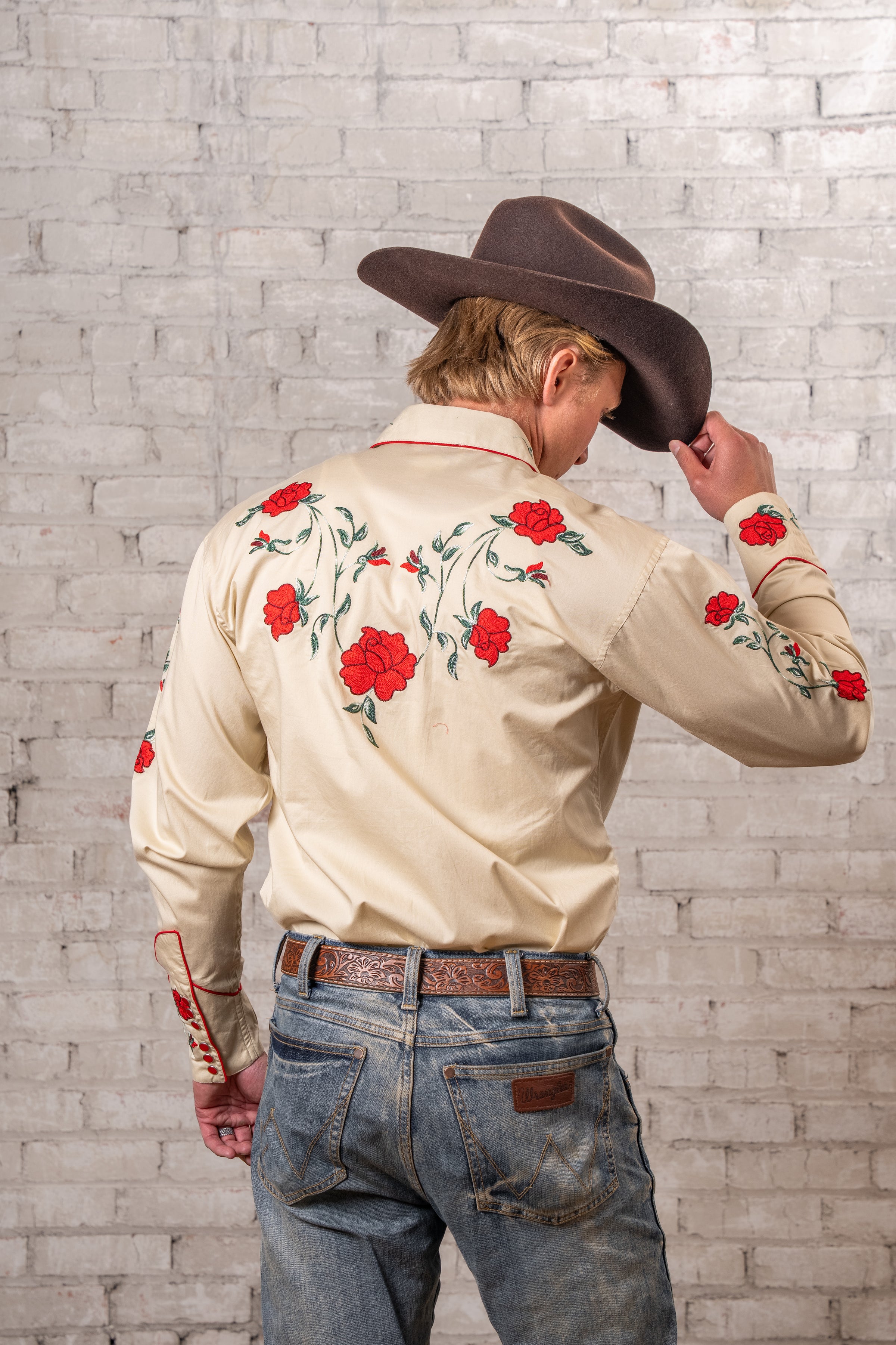 Men’s Vintage Khaki Crochet Rose Embroidered Western Shirt