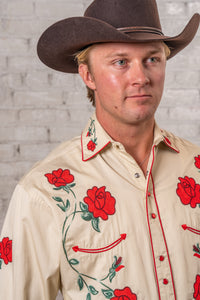 Men’s Vintage Khaki Crochet Rose Embroidered Western Shirt