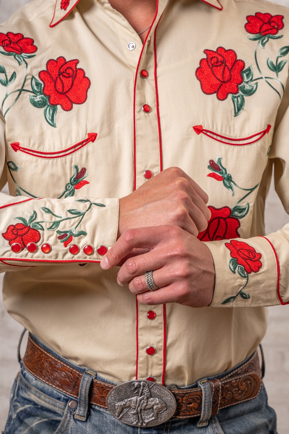 Men’s Vintage Khaki Crochet Rose Embroidered Western Shirt
