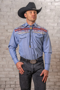 Men’s Blue Serape Chambray Embroidered Western Shirt