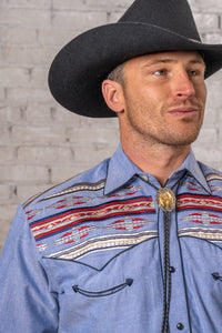 Men’s Blue Serape Chambray Embroidered Western Shirt