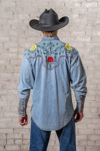 Men's Vintage Denim Floral Embroidered Western Shirt