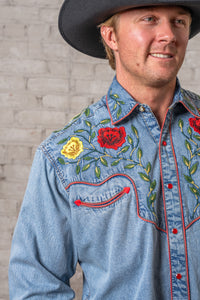 Men's Vintage Denim Floral Embroidered Western Shirt